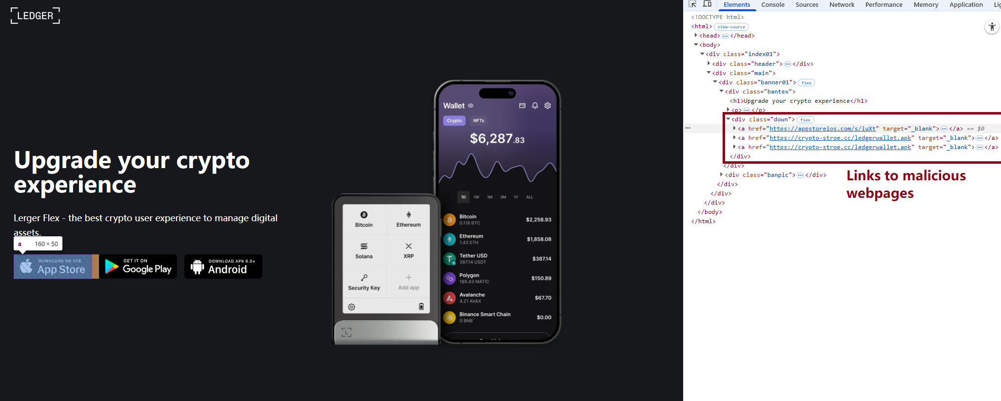 A phishing website hosting links to infected Ledger apps for both iOS and Android