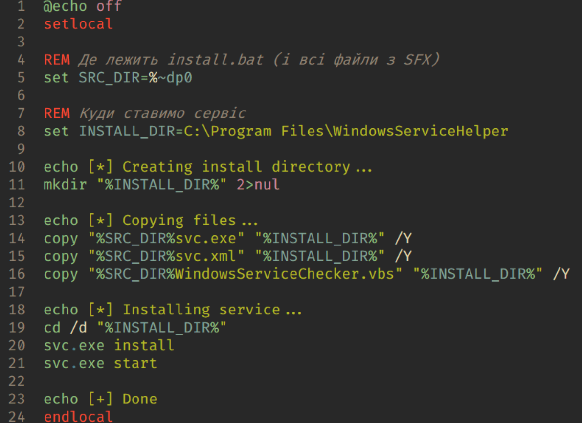 The install.bat script contents
