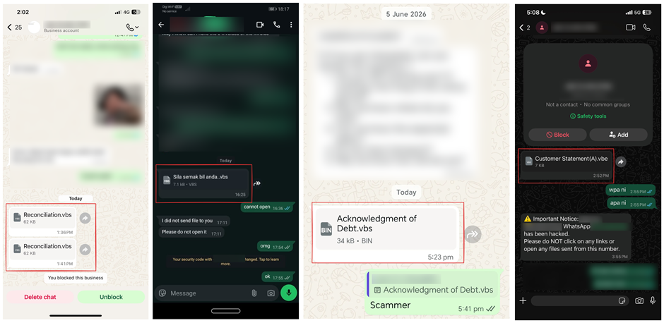 WhatsApp messages containing the malicious VBScript file observed across multiple accounts. Source: alleged victims' posts on social media