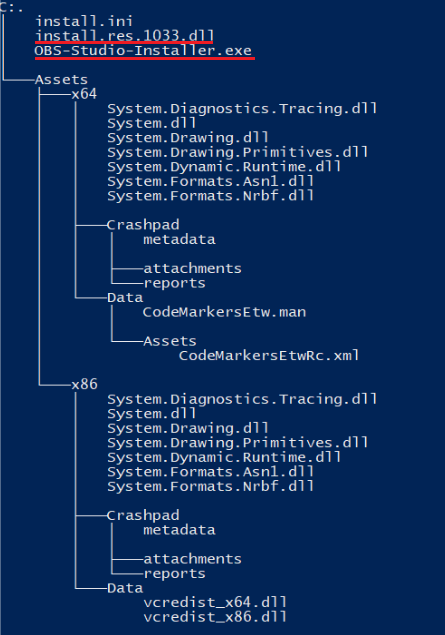 Detailed directory tree of obs-studio-windows-x64.zip