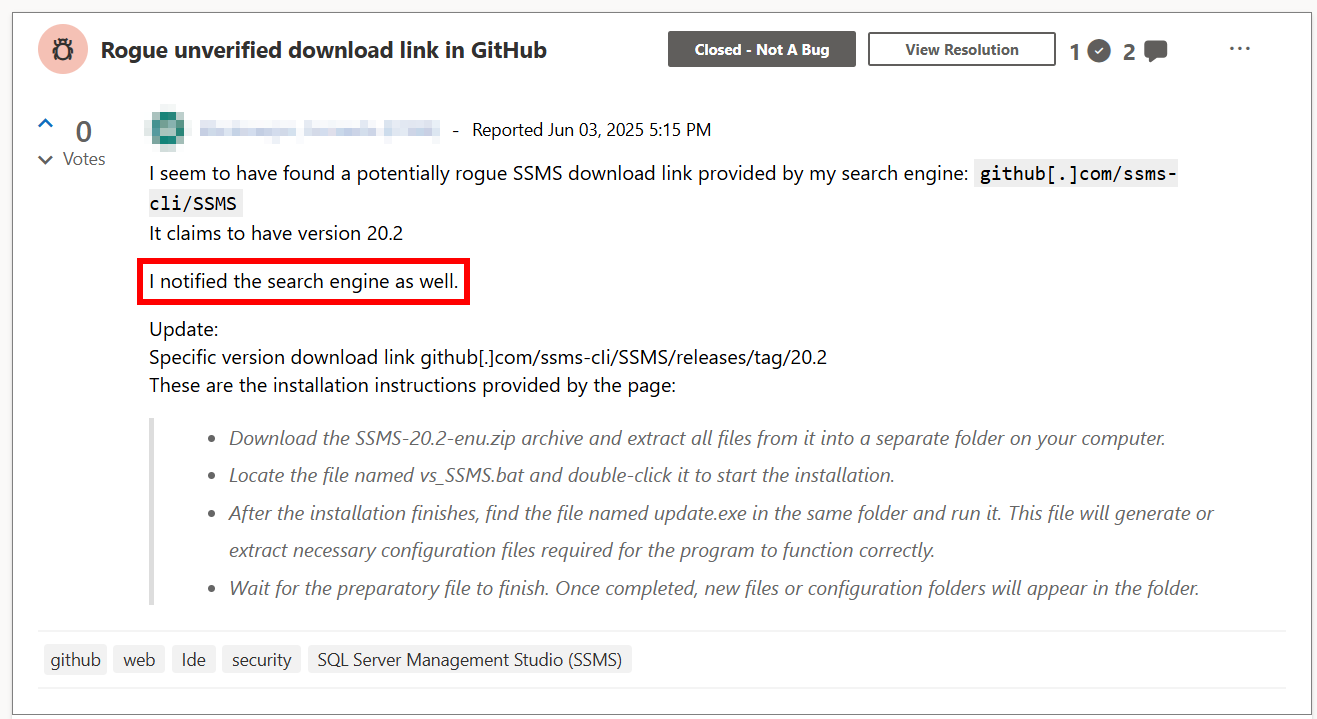 Malicious application distribution report