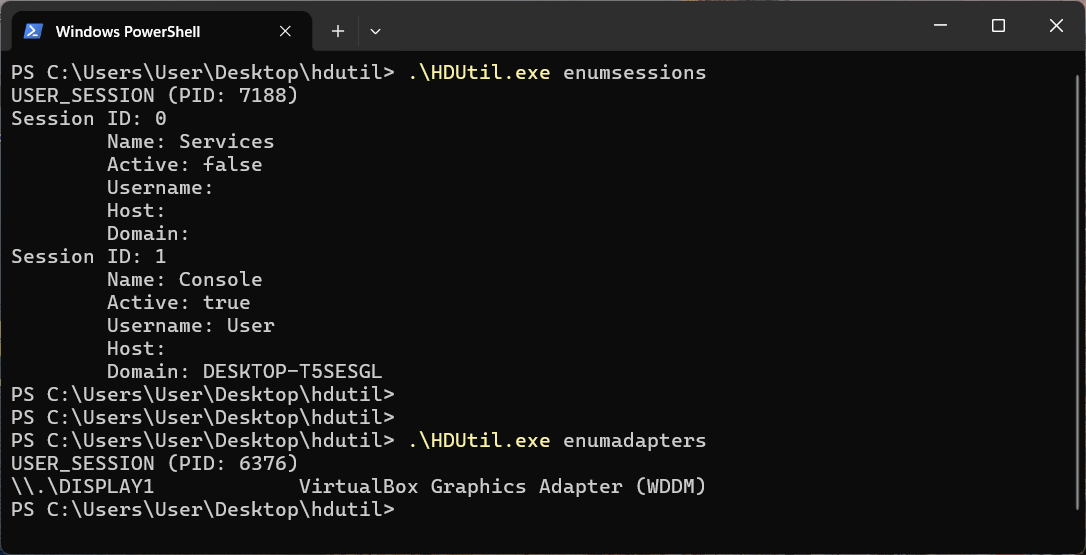 Example output of HDUtil enumeration commands