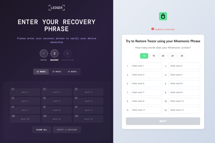 Phishing pages for seed phrase recovery (Source : Kaspersky).