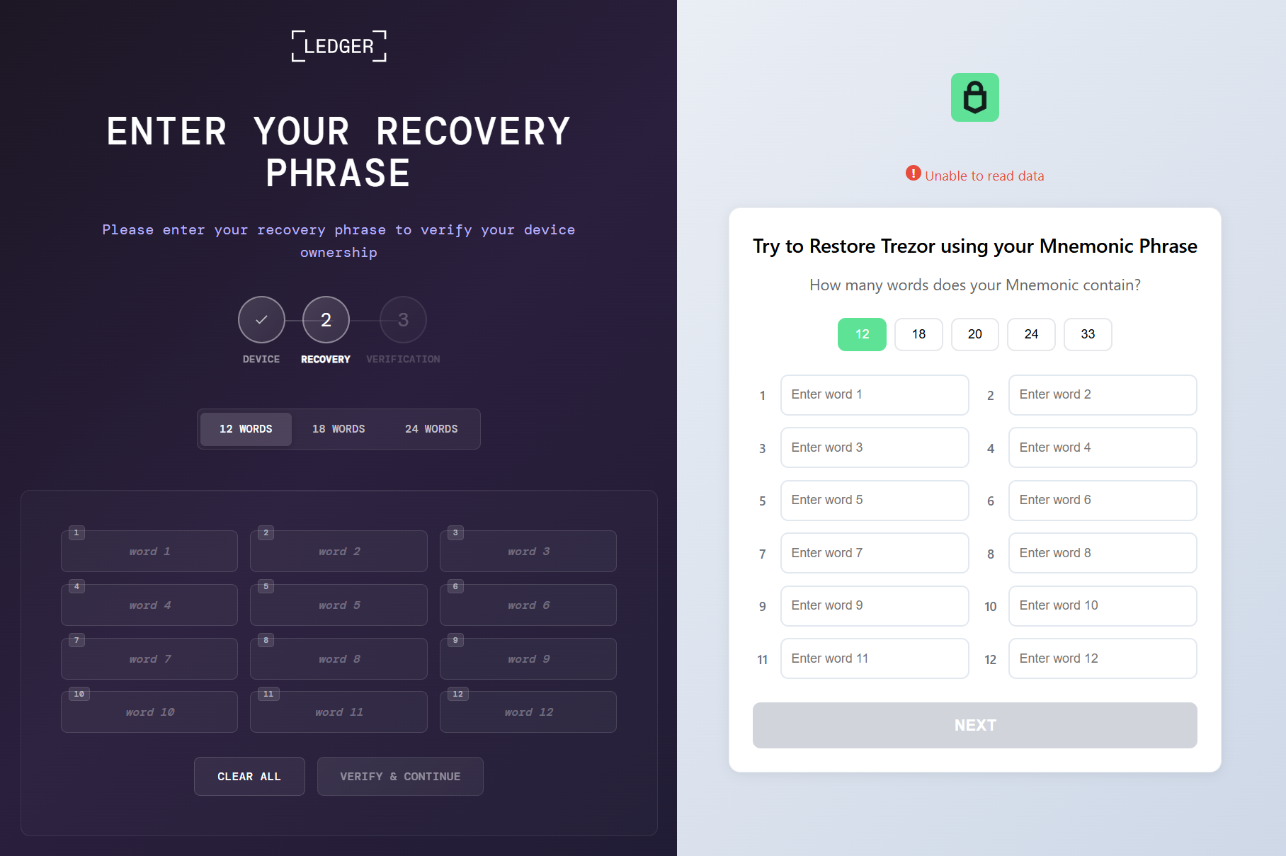 Phishing pages for seed phrase recovery