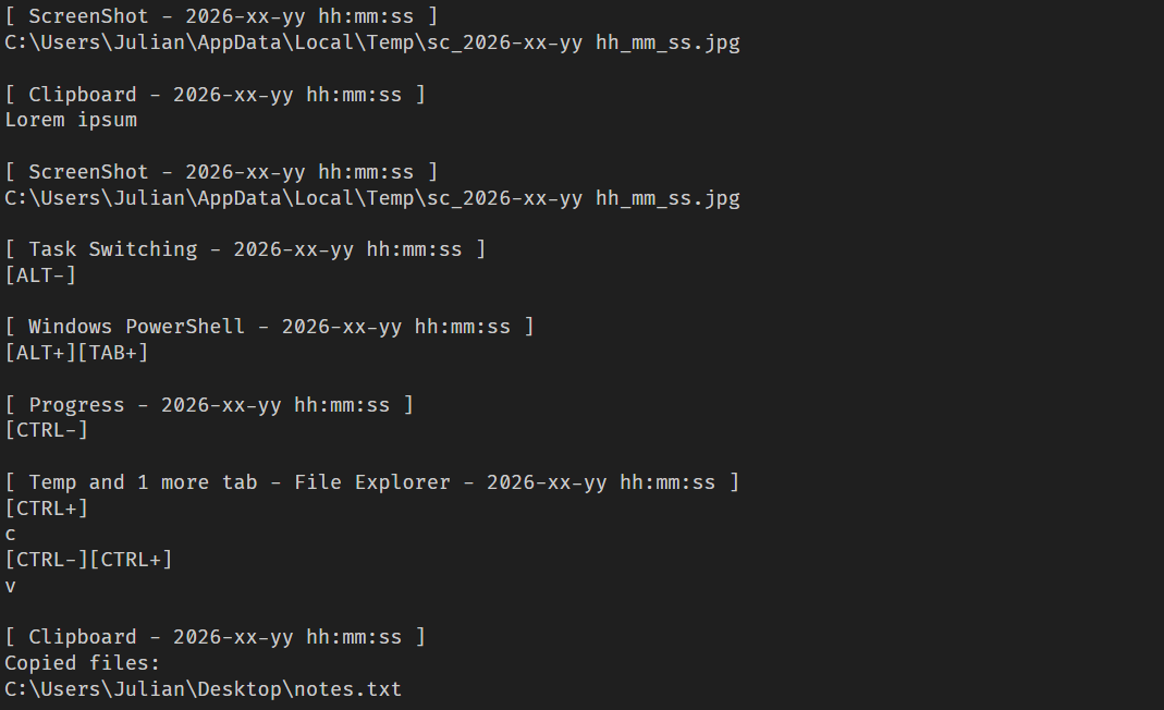 Example of the keylogger log file