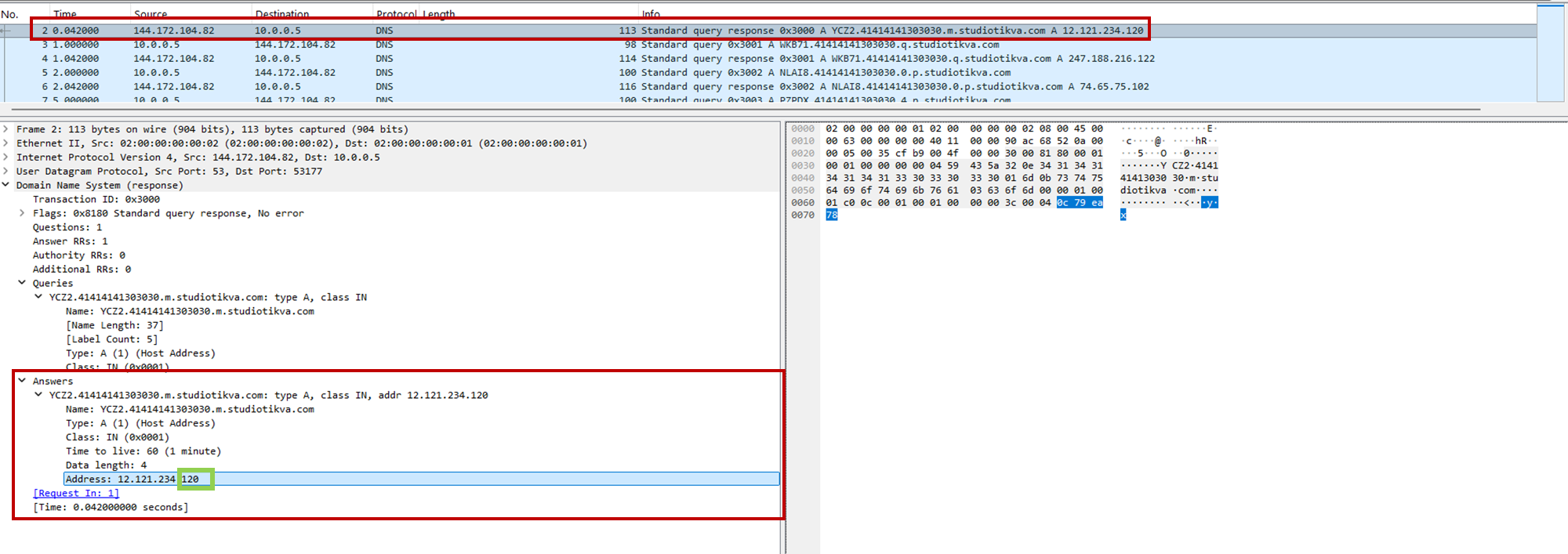 CAV3RN DNS control-plane response: the final octet 120 selects the direct HTTPS channel