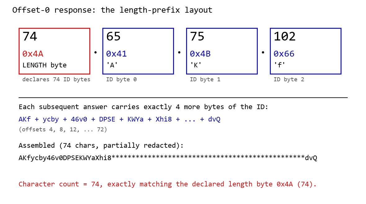 DNS recovery of the Google Apps Script deployment ID: the offset-0 response contains the length byte and first three ID characters, followed by four-byte continuation chunks
