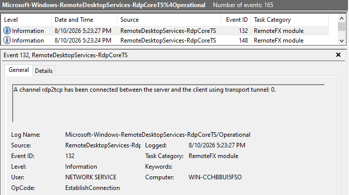 Creation event for a channel named rdp2tcp (server component startup)