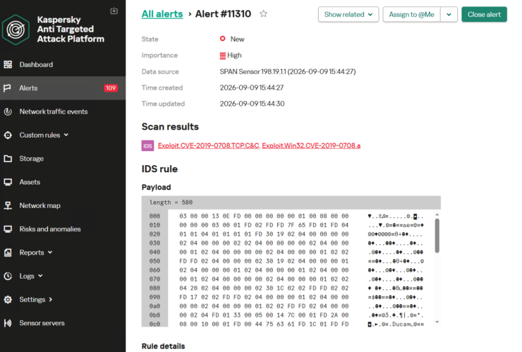 Alert card for the BlueKeep vulnerability exploitation (Source : Kaspersky).