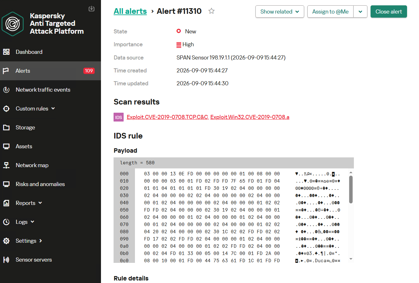 Alert card for the BlueKeep vulnerability exploitation