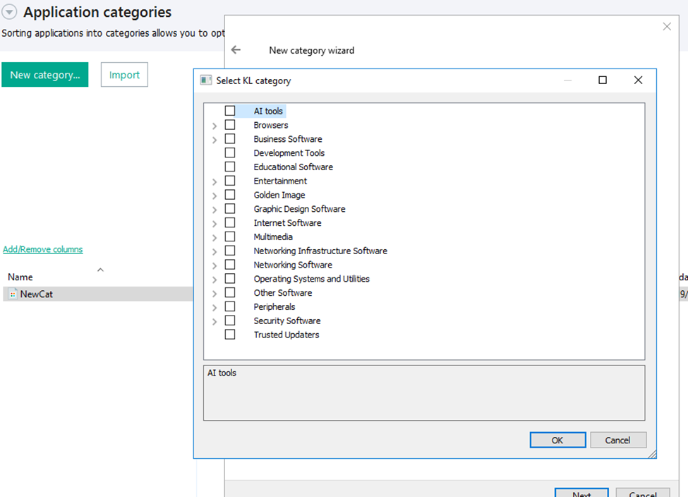 KL categories available when configuring Application Control