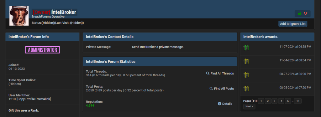 Профиль IntelBroker на популярном форуме даркнета