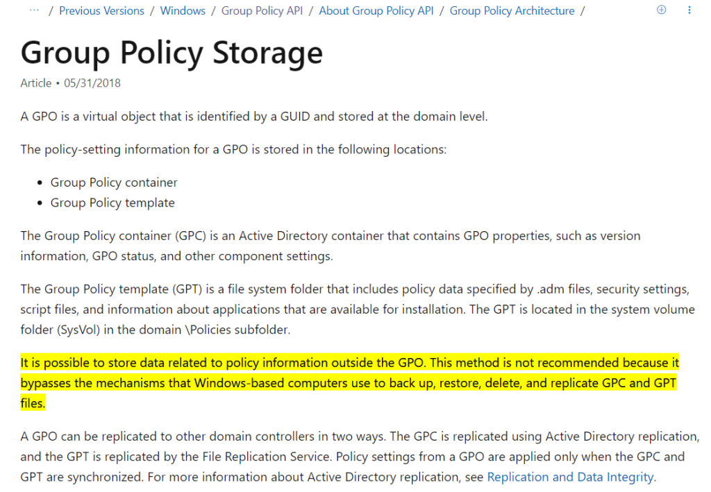 Упоминание возможности хранить данные политик на сторонних ресурсах в документации Microsoft
