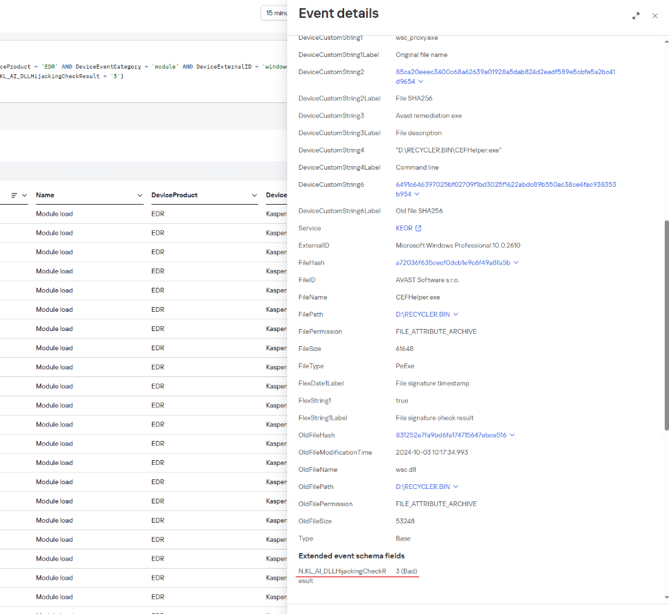 Пример события загрузки библиотеки wsc.dll с USB-накопителя с оценкой модуля DLL Hijacking в KUMA