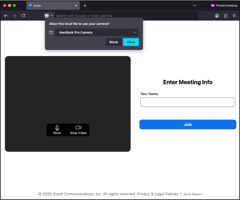 Начальная страница, имитирующая присоединение к конференции Zoom