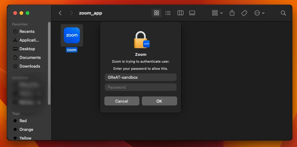 Окно ZoomClutch с предложением ввести пароль