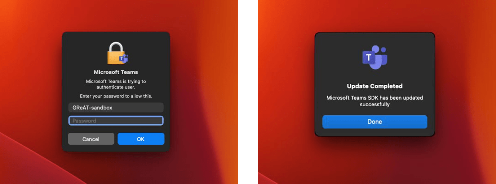 Окна аутентификации и успешной проверки пароля в TeamsClutch