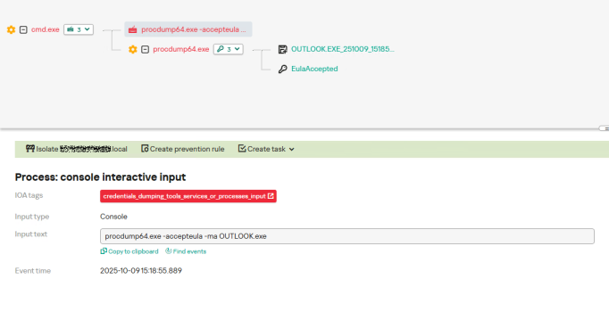 An example of detecting an Outlook process dump in KATA.