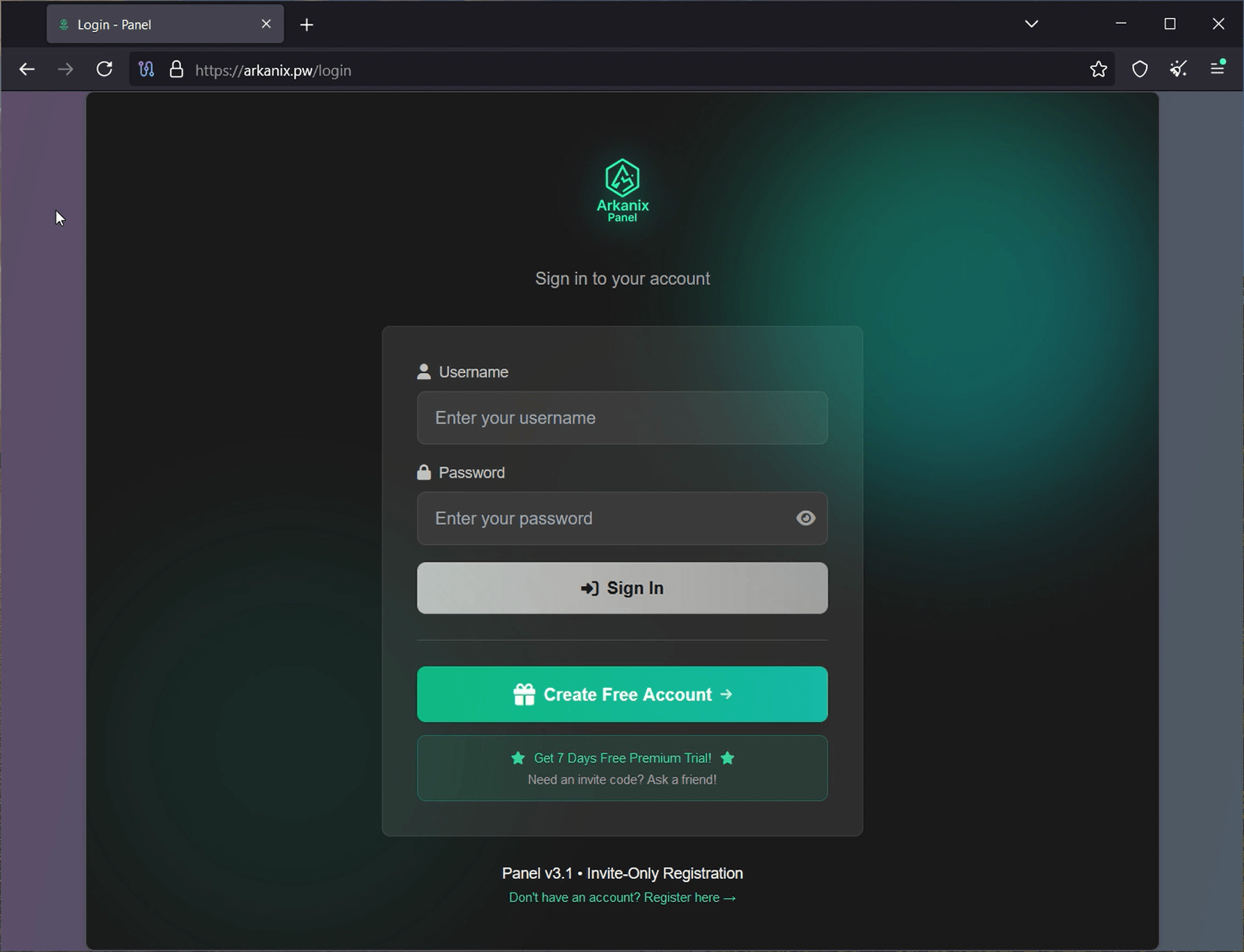 Страница входа в панель управления стилером