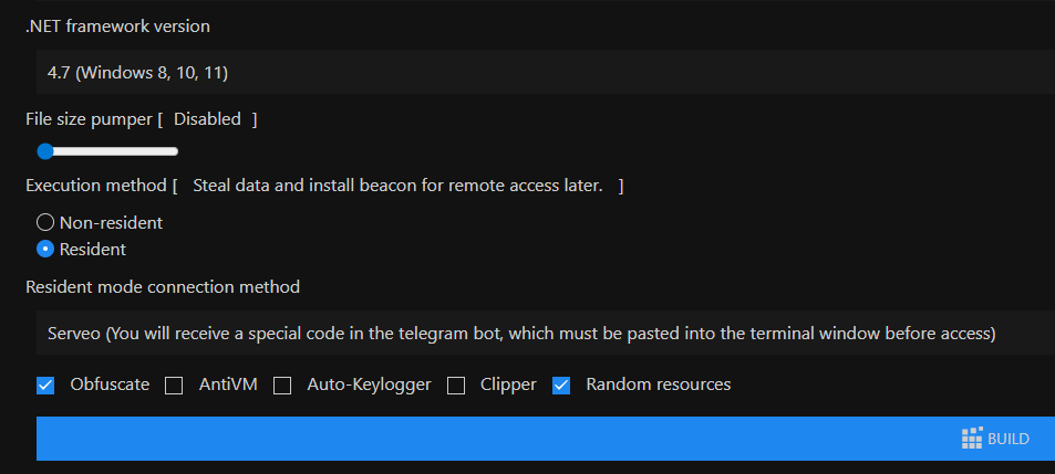 Функциональность конструктора в веб-панели: выбор режима выполнения, типа соединения и т. д.