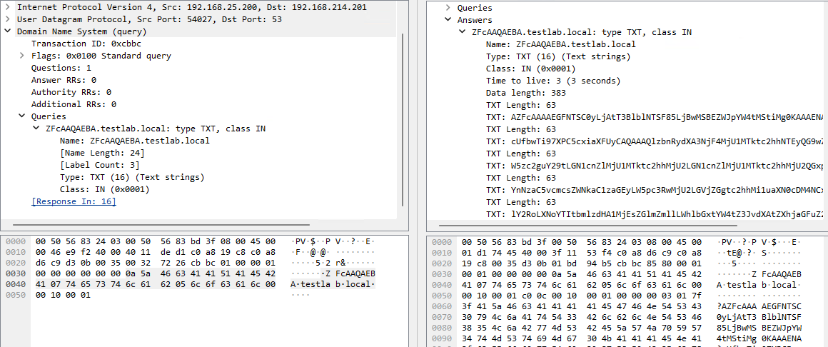 DNS-запрос (слева) и ответ на него (справа) в рамках DNS-туннелирования через записи TXT