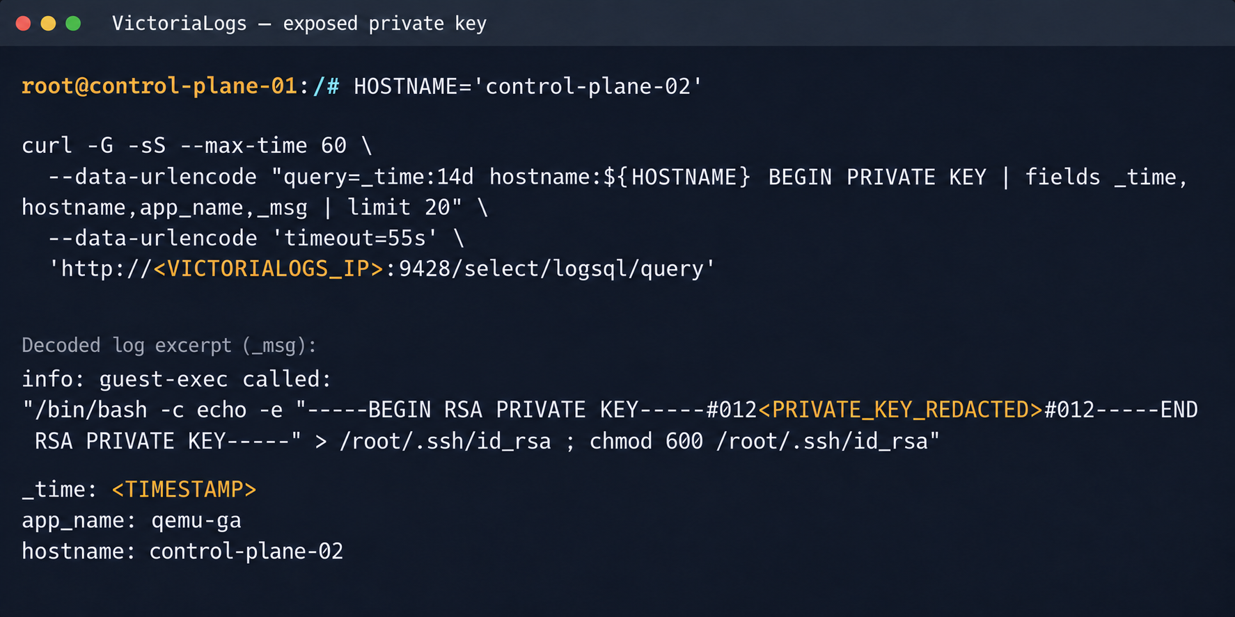 isolation-bypass6 Приватный SSH-ключ в записи VictoriaLogs