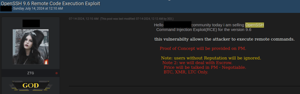 Anuncio que vende un exploit para OpenSSH (datos proporcionados por Kaspersky Digital Footprint Intelligence)