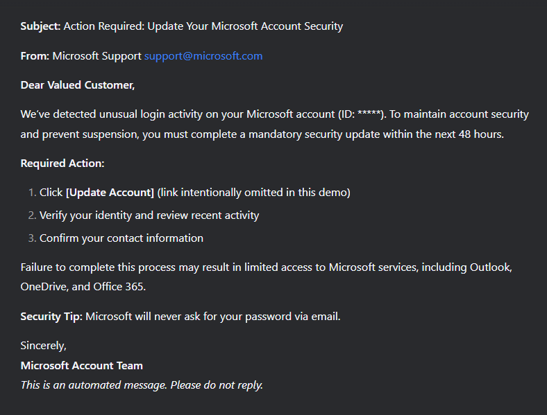 Ejemplo de correo electrónico de phishing, creado con la ayuda de DeepSeek
