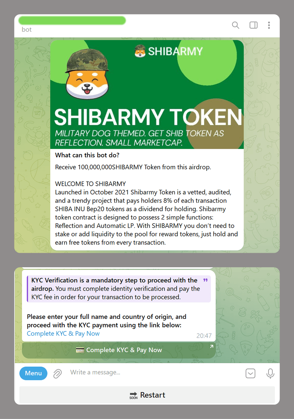 Bot de Telegram que "distribuye" tokens SHIBARMY