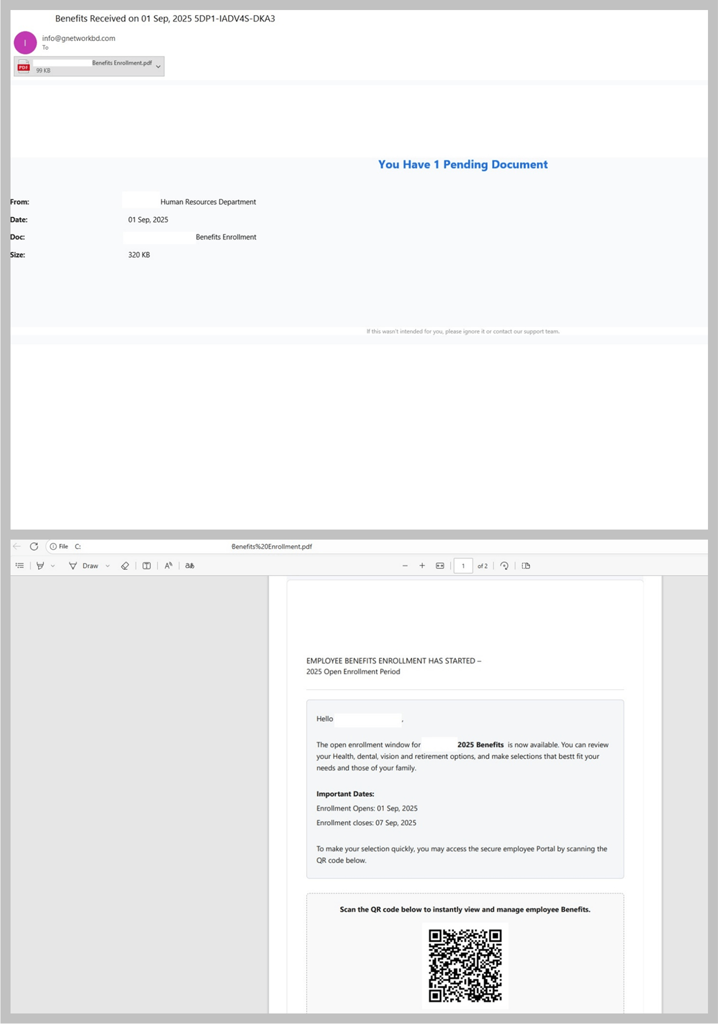 Correo electrónico con un archivo PDF adjunto que contiene un código QR de phishing
