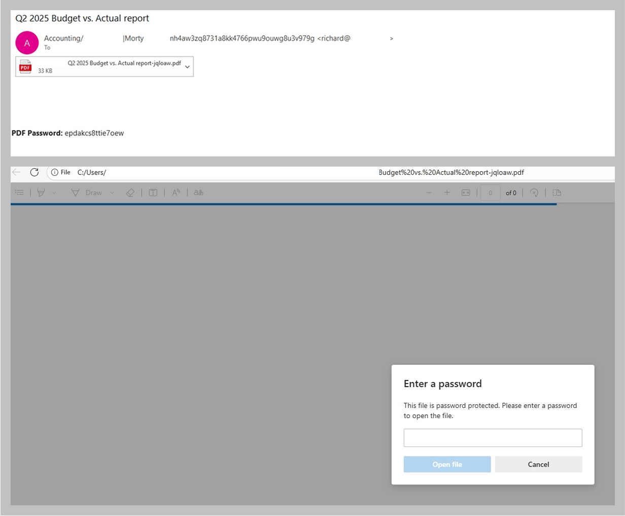 Correo electrónico de phishing con PDF adjunto protegido por contraseña
