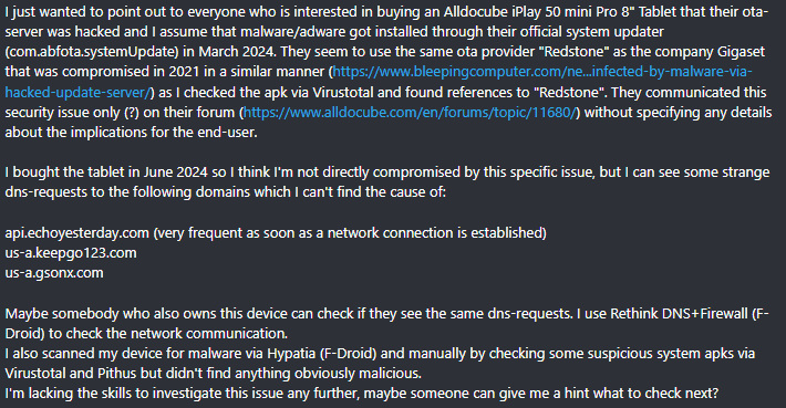 Reclamo de un usuario sobre consultas DNS sospechosas