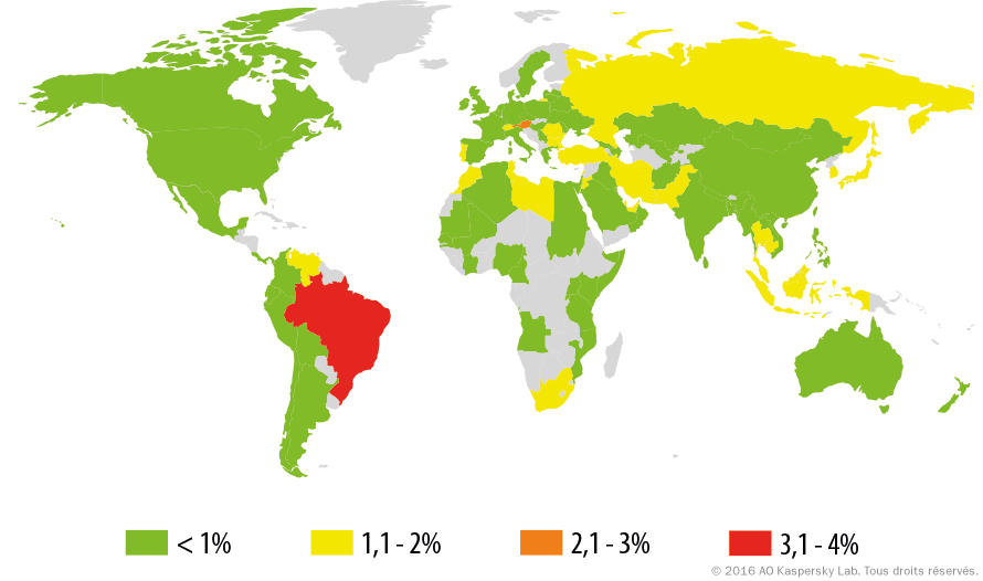 Répartition géographique des menaces pour appareils mobiles